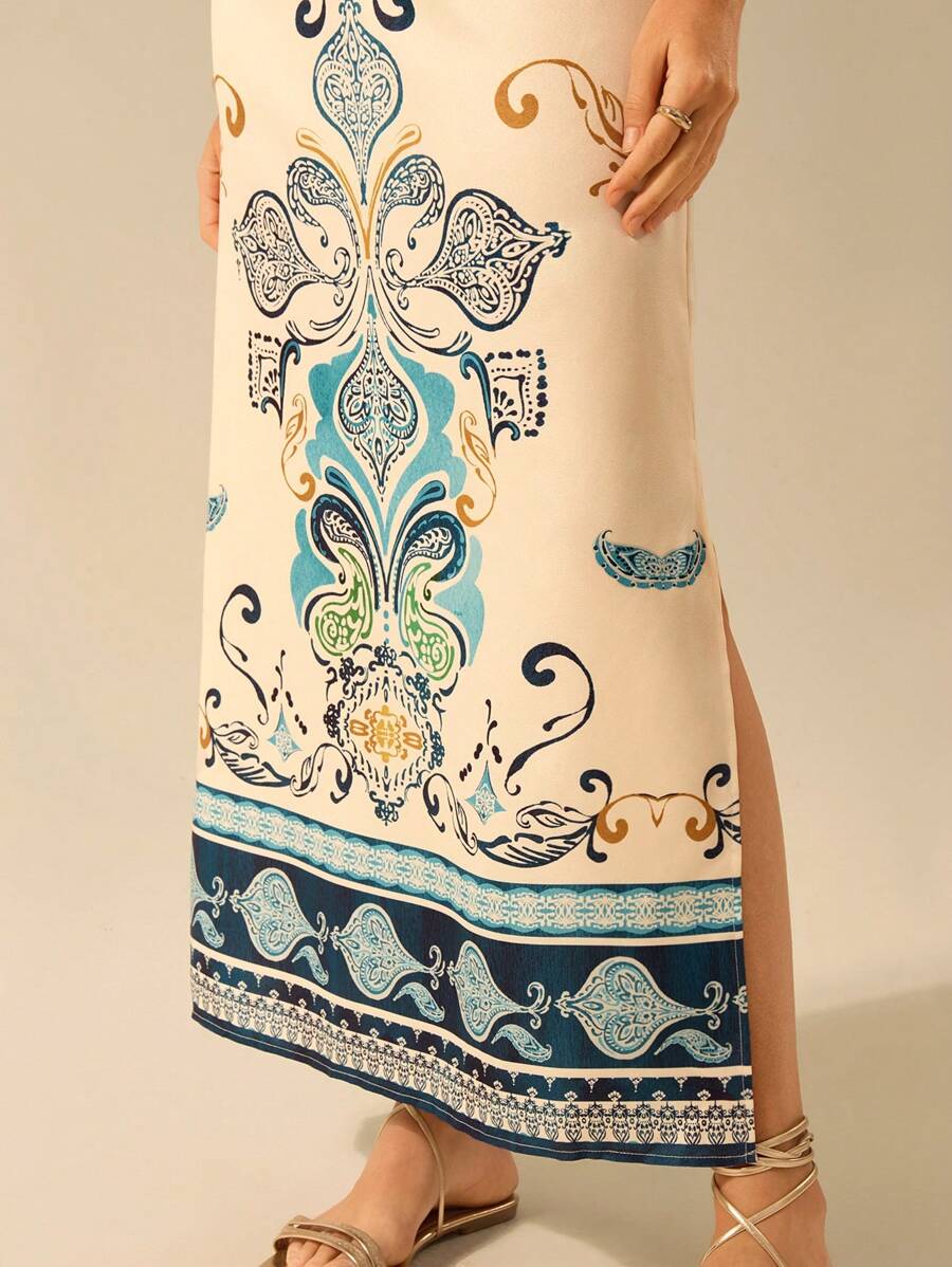 CAJUNI Vestido Casual de Verão com Estampa Tropical Vintage Boho para Mulheres, com Alça, Decote Aberto nas Costas e Bainha Dividida