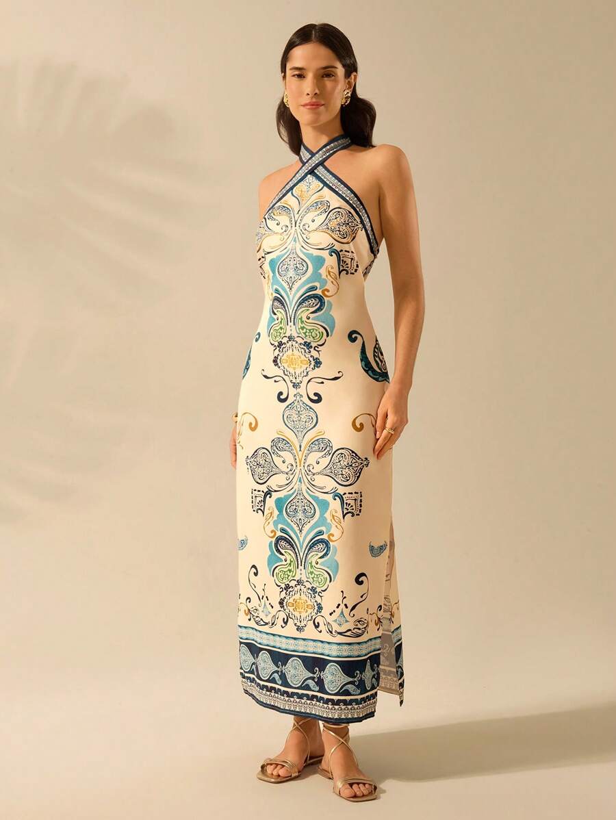CAJUNI Vestido Casual de Verão com Estampa Tropical Vintage Boho para Mulheres, com Alça, Decote Aberto nas Costas e Bainha Dividida