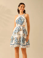 CAJUNI Vestido Mini de Praia com Alças, Estampa Floral Tropical Azul, Amarração na Frente, Costas Abertas, Vestido de Verão Casual de Férias