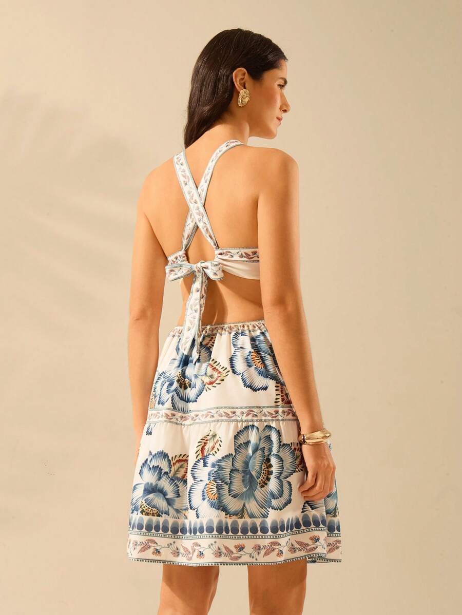 CAJUNI Vestido Mini de Praia com Alças, Estampa Floral Tropical Azul, Amarração na Frente, Costas Abertas, Vestido de Verão Casual de Férias