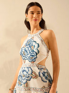 CAJUNI Vestido Mini de Praia com Alças, Estampa Floral Tropical Azul, Amarração na Frente, Costas Abertas, Vestido de Verão Casual de Férias