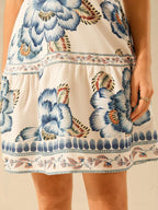 CAJUNI Vestido Mini de Praia com Alças, Estampa Floral Tropical Azul, Amarração na Frente, Costas Abertas, Vestido de Verão Casual de Férias