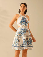 CAJUNI Vestido Mini de Praia com Alças, Estampa Floral Tropical Azul, Amarração na Frente, Costas Abertas, Vestido de Verão Casual de Férias