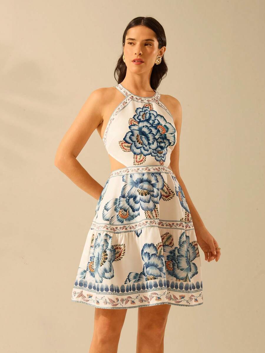 CAJUNI Vestido Mini de Praia com Alças, Estampa Floral Tropical Azul, Amarração na Frente, Costas Abertas, Vestido de Verão Casual de Férias