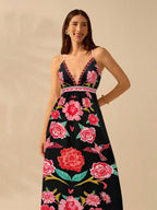 CAJUNI Vestido de Alça Feminino Boho, Estampa Tropical Colorida de Plantas, Decote em V, Casual, Praia de Verão