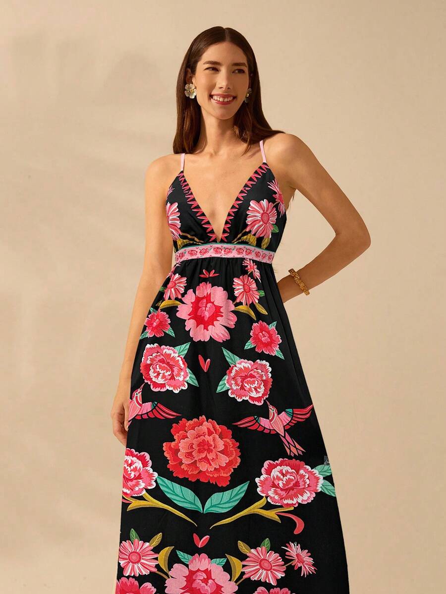 CAJUNI Vestido de Alça Feminino Boho, Estampa Tropical Colorida de Plantas, Decote em V, Casual, Praia de Verão