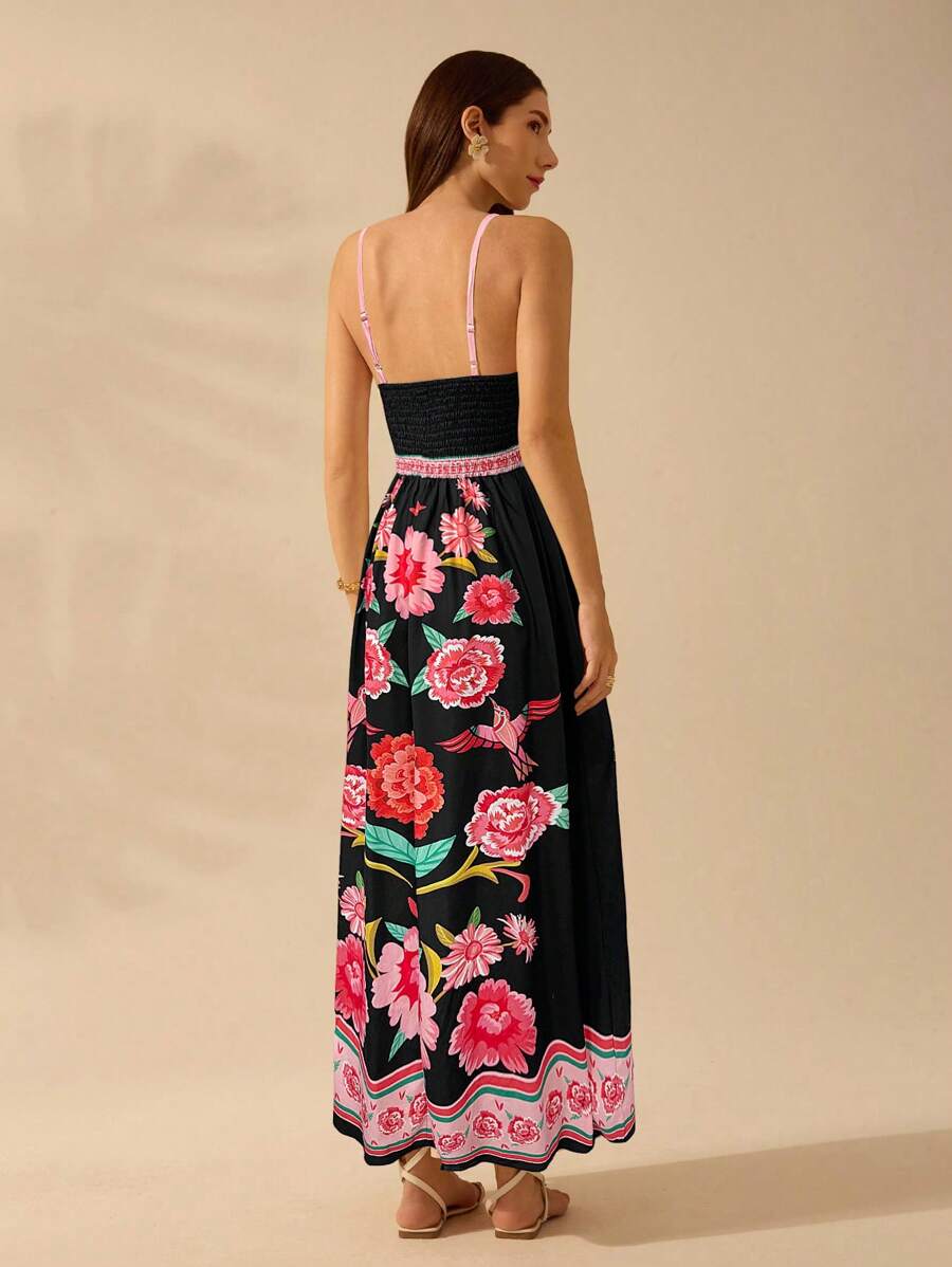 CAJUNI Vestido de Alça Feminino Boho, Estampa Tropical Colorida de Plantas, Decote em V, Casual, Praia de Verão