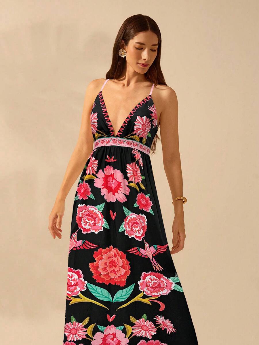 CAJUNI Vestido de Alça Feminino Boho, Estampa Tropical Colorida de Plantas, Decote em V, Casual, Praia de Verão