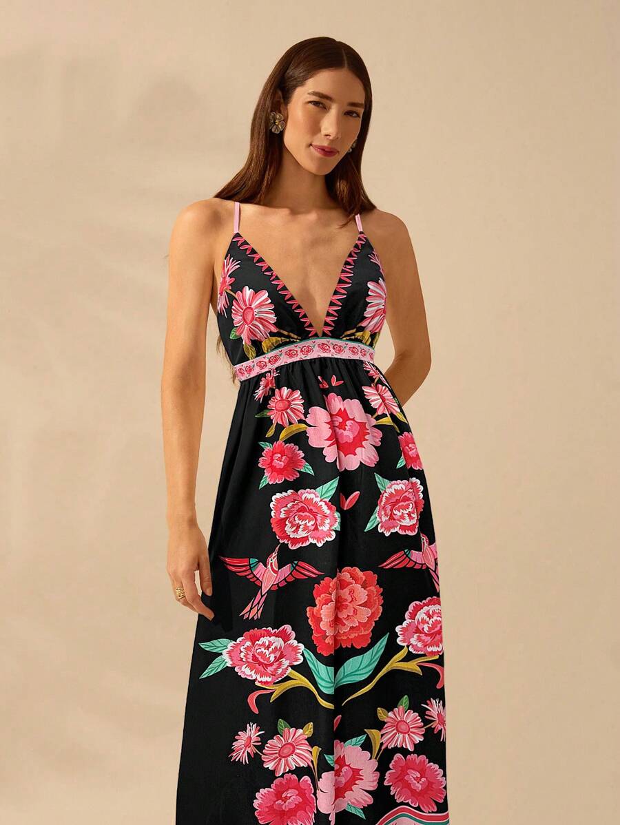 CAJUNI Vestido de Alça Feminino Boho, Estampa Tropical Colorida de Plantas, Decote em V, Casual, Praia de Verão