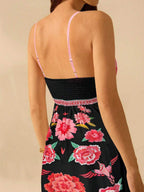 CAJUNI Vestido de Alça Feminino Boho, Estampa Tropical Colorida de Plantas, Decote em V, Casual, Praia de Verão