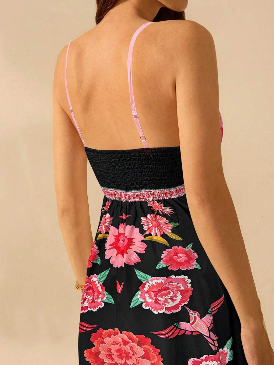 CAJUNI Vestido de Alça Feminino Boho, Estampa Tropical Colorida de Plantas, Decote em V, Casual, Praia de Verão