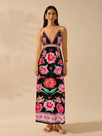 CAJUNI Vestido de Alça Feminino Boho, Estampa Tropical Colorida de Plantas, Decote em V, Casual, Praia de Verão