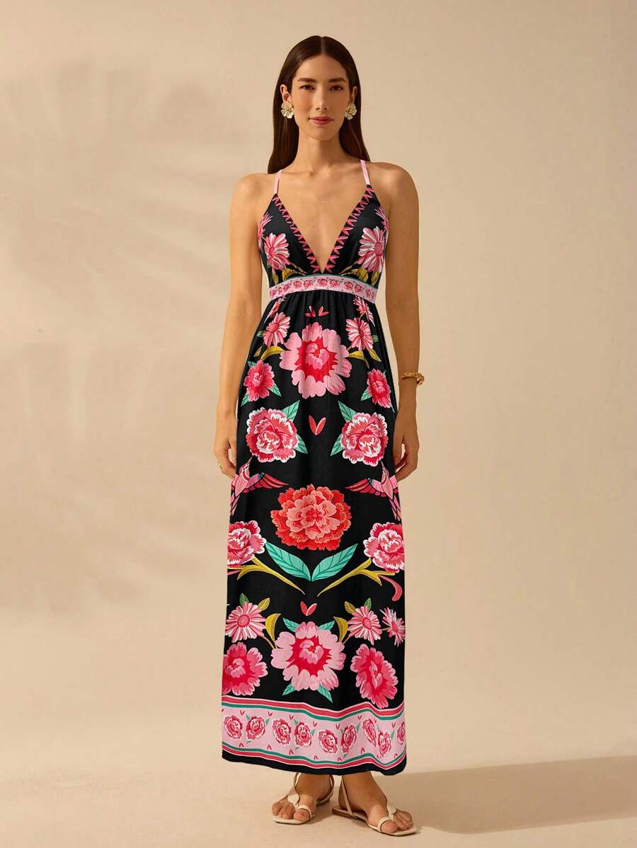 CAJUNI Vestido de Alça Feminino Boho, Estampa Tropical Colorida de Plantas, Decote em V, Casual, Praia de Verão