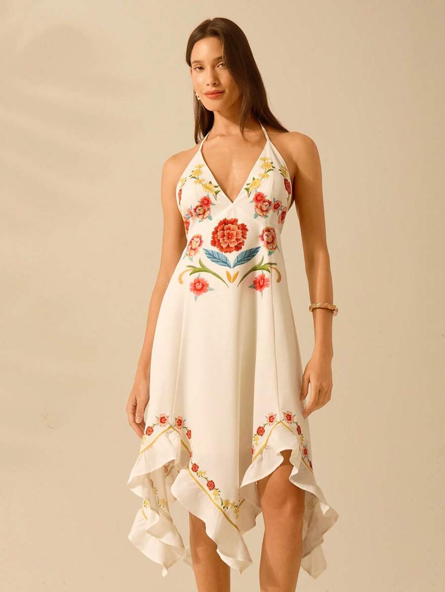 CAJUNI Vestido Feminino Boho Vintage Estampa Floral, Casual de Férias com Decote em V, Amarração, Sem Costas, Sem Mangas e Curto