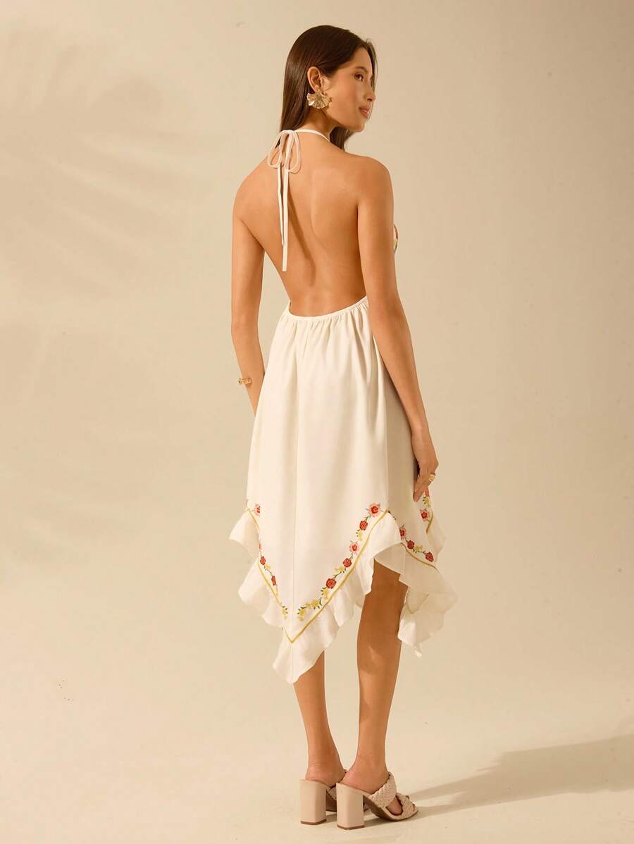 CAJUNI Vestido Feminino Boho Vintage Estampa Floral, Casual de Férias com Decote em V, Amarração, Sem Costas, Sem Mangas e Curto