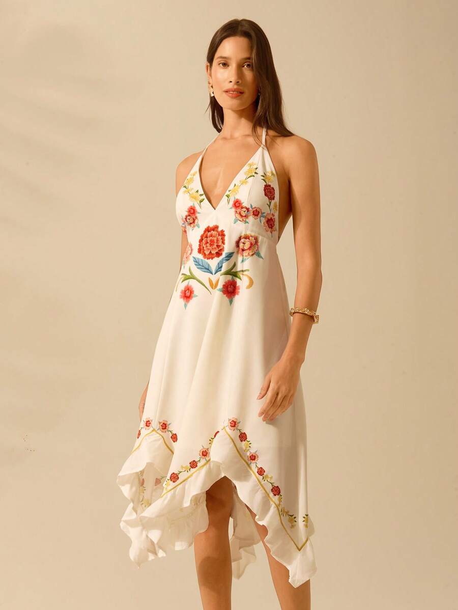 CAJUNI Vestido Feminino Boho Vintage Estampa Floral, Casual de Férias com Decote em V, Amarração, Sem Costas, Sem Mangas e Curto