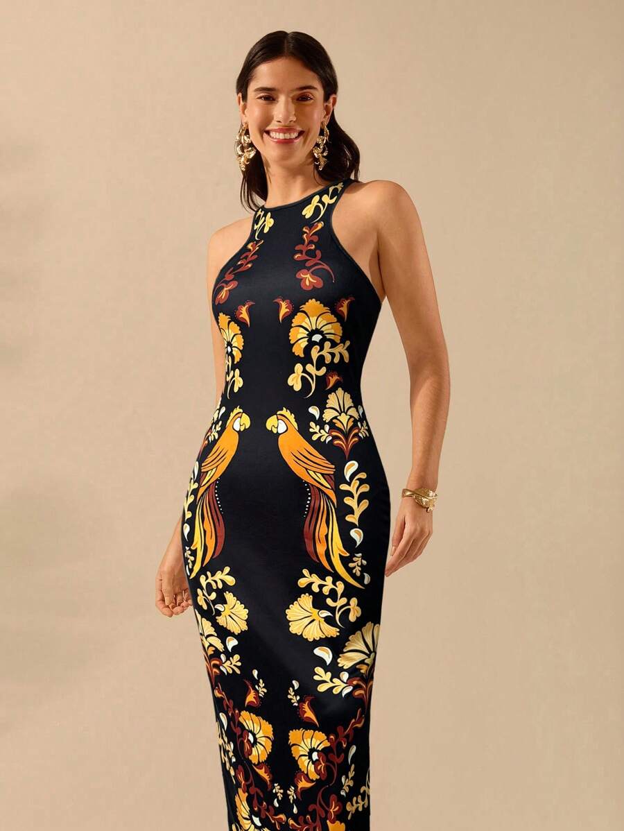 CAJUNI Vestido Listrado Azul com Estampa Tropical de Plantas e Papagaio, Estilo Boho, Sem Mangas e Costas Abertas, Vestido de Praia Casual de Verão