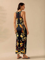 CAJUNI Vestido Listrado Azul com Estampa Tropical de Plantas e Papagaio, Estilo Boho, Sem Mangas e Costas Abertas, Vestido de Praia Casual de Verão