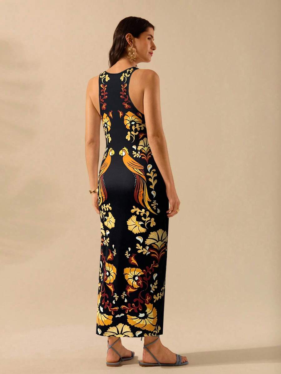 CAJUNI Vestido Listrado Azul com Estampa Tropical de Plantas e Papagaio, Estilo Boho, Sem Mangas e Costas Abertas, Vestido de Praia Casual de Verão