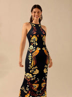 CAJUNI Vestido Listrado Azul com Estampa Tropical de Plantas e Papagaio, Estilo Boho, Sem Mangas e Costas Abertas, Vestido de Praia Casual de Verão