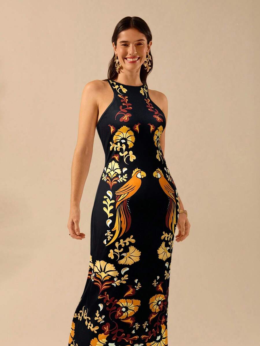 CAJUNI Vestido Listrado Azul com Estampa Tropical de Plantas e Papagaio, Estilo Boho, Sem Mangas e Costas Abertas, Vestido de Praia Casual de Verão