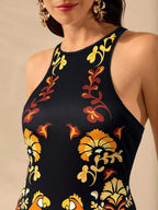 CAJUNI Vestido Listrado Azul com Estampa Tropical de Plantas e Papagaio, Estilo Boho, Sem Mangas e Costas Abertas, Vestido de Praia Casual de Verão