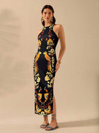 CAJUNI Vestido Listrado Azul com Estampa Tropical de Plantas e Papagaio, Estilo Boho, Sem Mangas e Costas Abertas, Vestido de Praia Casual de Verão
