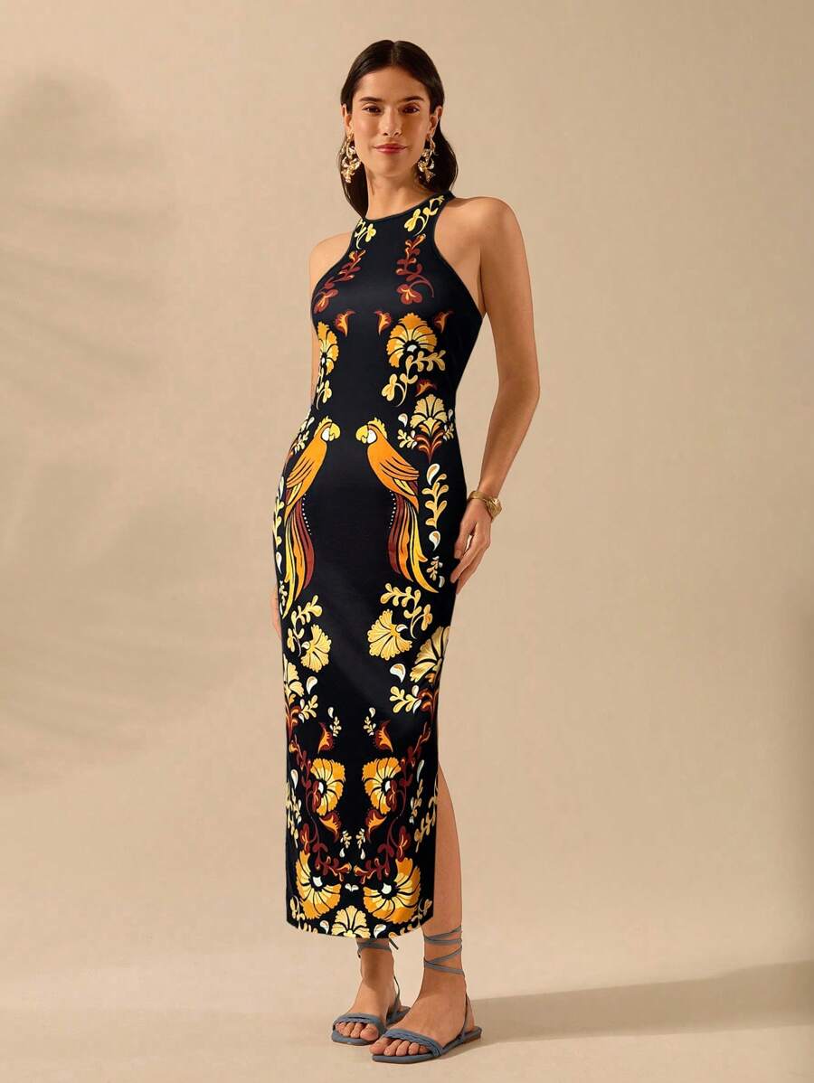 CAJUNI Vestido Listrado Azul com Estampa Tropical de Plantas e Papagaio, Estilo Boho, Sem Mangas e Costas Abertas, Vestido de Praia Casual de Verão