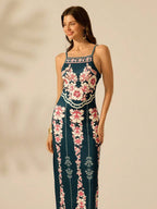 CAJUNI Vestido Longo Slim Fit Casual de Feriado com Estampa Retro Tropical Colorida e Floral para Mulheres