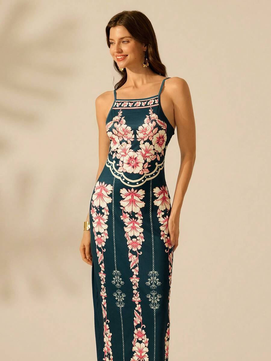 CAJUNI Vestido Longo Slim Fit Casual de Feriado com Estampa Retro Tropical Colorida e Floral para Mulheres