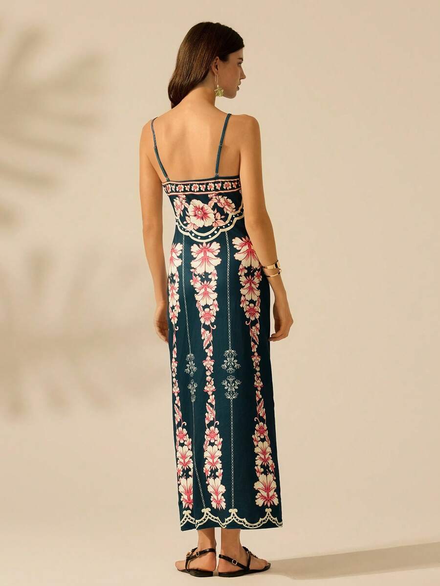 CAJUNI Vestido Longo Slim Fit Casual de Feriado com Estampa Retro Tropical Colorida e Floral para Mulheres