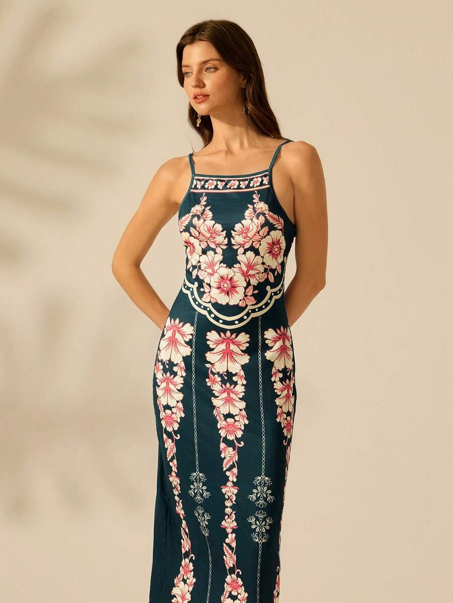 CAJUNI Vestido Longo Slim Fit Casual de Feriado com Estampa Retro Tropical Colorida e Floral para Mulheres