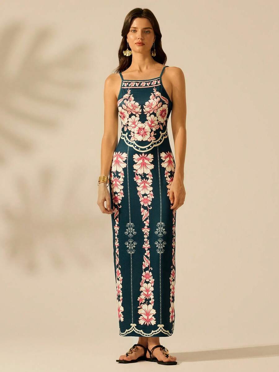 CAJUNI Vestido Longo Slim Fit Casual de Feriado com Estampa Retro Tropical Colorida e Floral para Mulheres