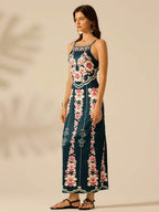 CAJUNI Vestido Longo Slim Fit Casual de Feriado com Estampa Retro Tropical Colorida e Floral para Mulheres