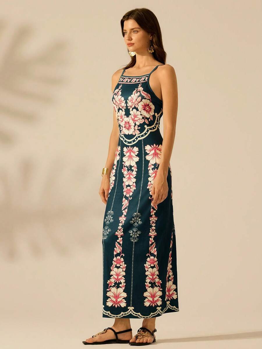 CAJUNI Vestido Longo Slim Fit Casual de Feriado com Estampa Retro Tropical Colorida e Floral para Mulheres