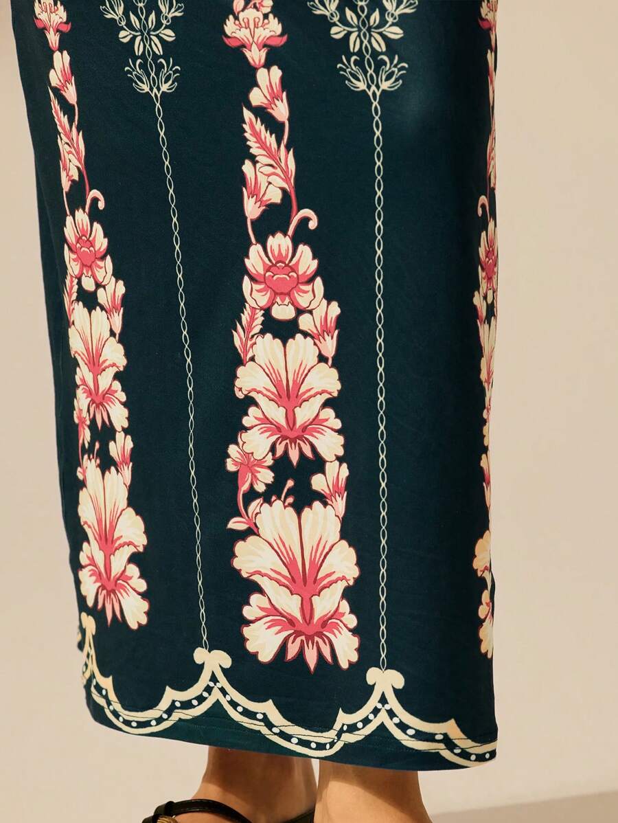 CAJUNI Vestido Longo Slim Fit Casual de Feriado com Estampa Retro Tropical Colorida e Floral para Mulheres
