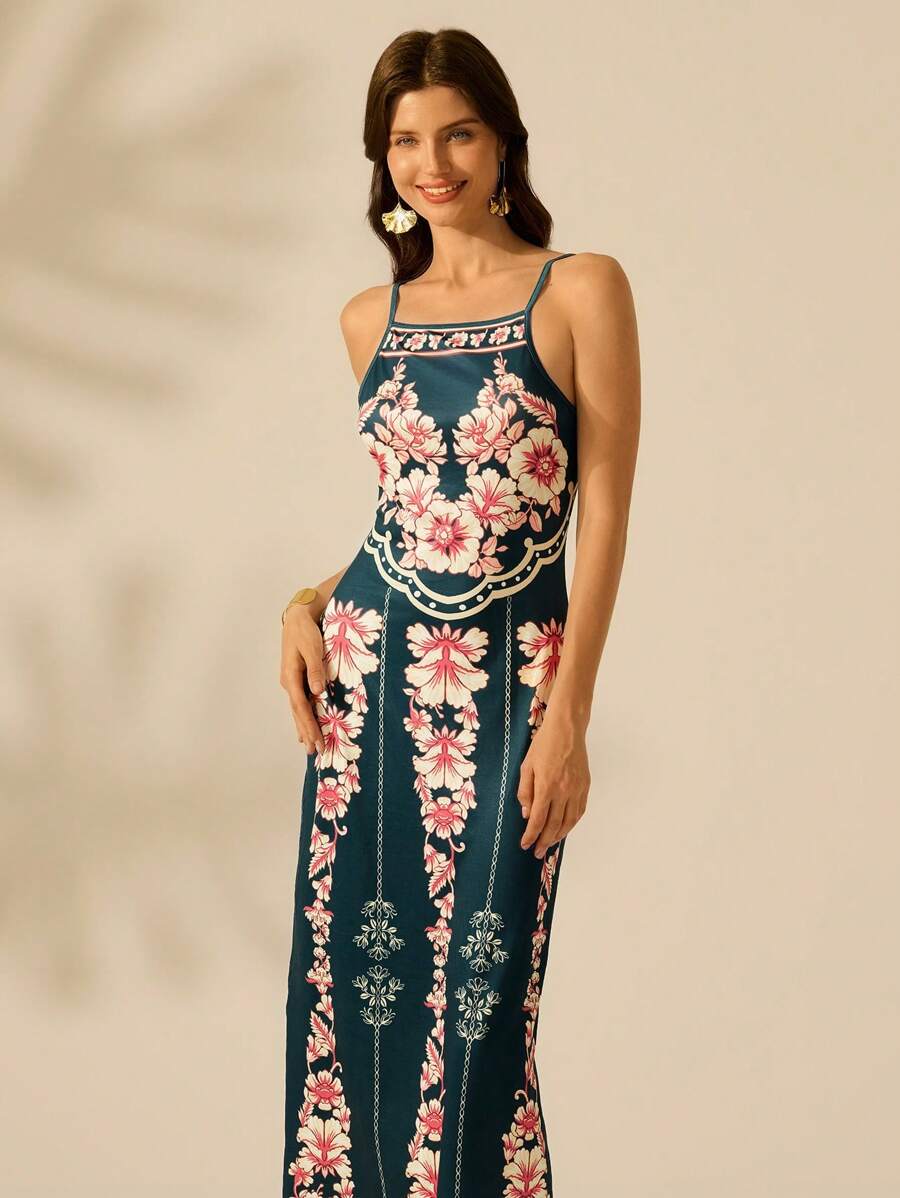 CAJUNI Vestido Longo Slim Fit Casual de Feriado com Estampa Retro Tropical Colorida e Floral para Mulheres