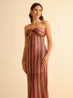CAJUNI Vestido Midi de Praia Ajustado em Tecido Texturizado com Decote Halter e Contas para Mulheres