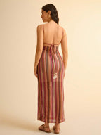 CAJUNI Vestido Midi de Praia Ajustado em Tecido Texturizado com Decote Halter e Contas para Mulheres