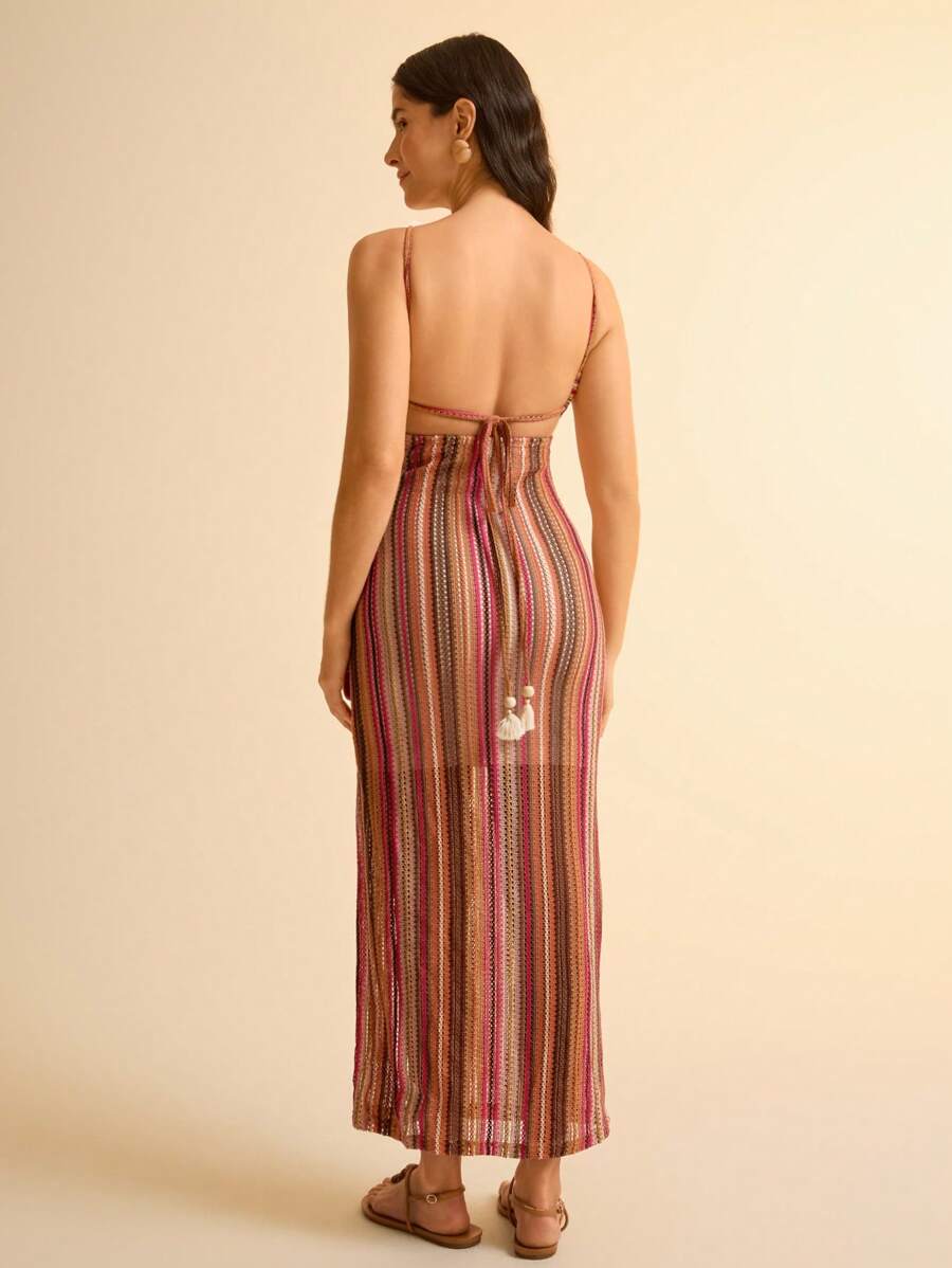 CAJUNI Vestido Midi de Praia Ajustado em Tecido Texturizado com Decote Halter e Contas para Mulheres