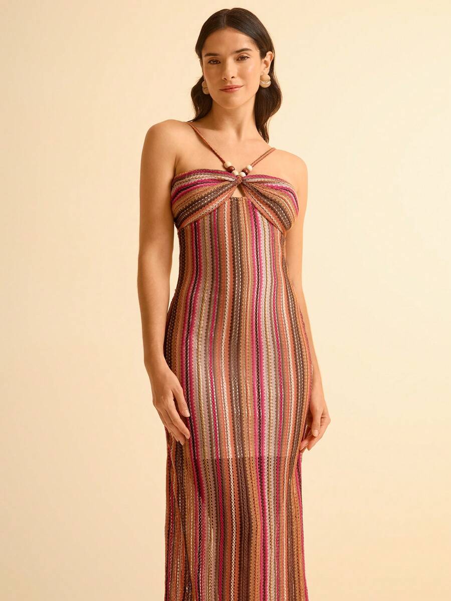 CAJUNI Vestido Midi de Praia Ajustado em Tecido Texturizado com Decote Halter e Contas para Mulheres