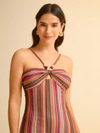 CAJUNI Vestido Midi de Praia Ajustado em Tecido Texturizado com Decote Halter e Contas para Mulheres