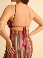 CAJUNI Vestido Midi de Praia Ajustado em Tecido Texturizado com Decote Halter e Contas para Mulheres