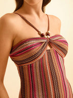 CAJUNI Vestido Midi de Praia Ajustado em Tecido Texturizado com Decote Halter e Contas para Mulheres