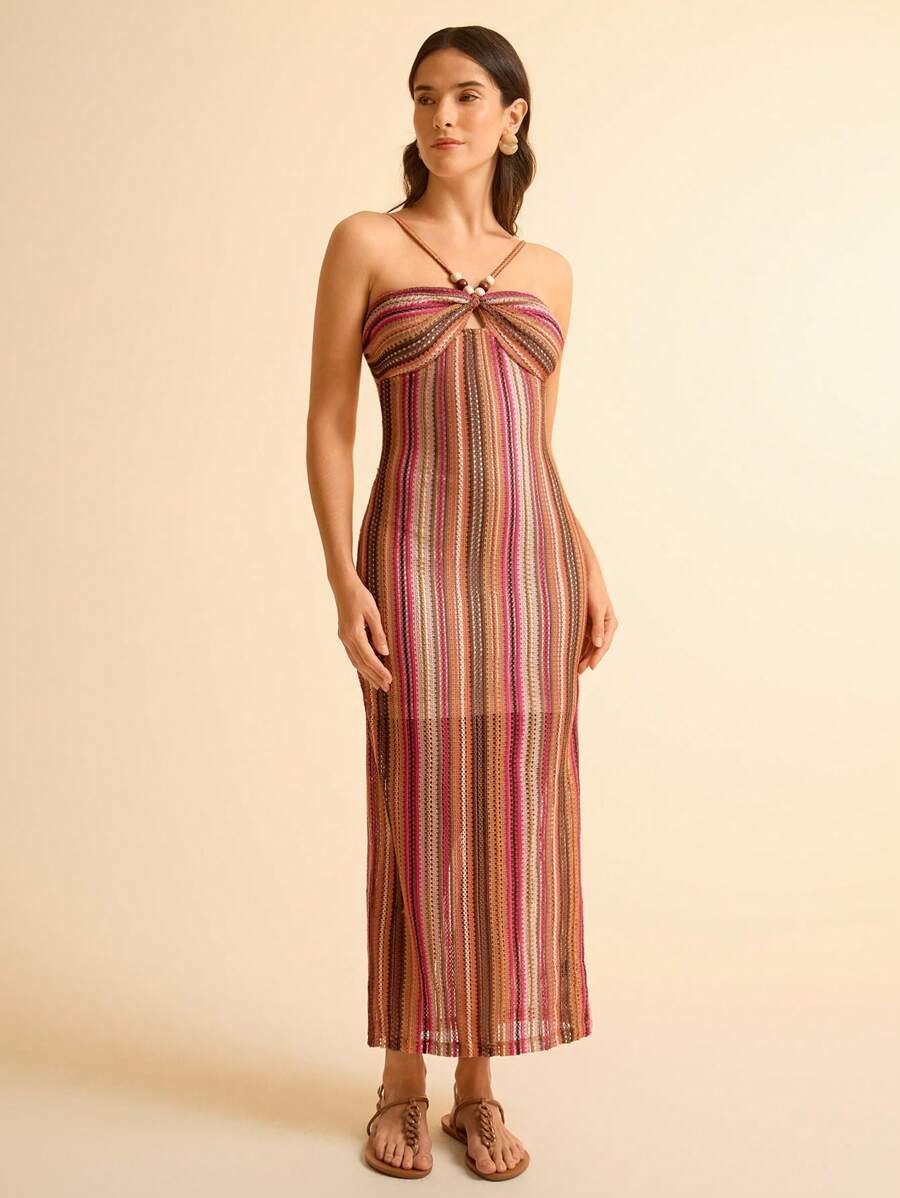 CAJUNI Vestido Midi de Praia Ajustado em Tecido Texturizado com Decote Halter e Contas para Mulheres