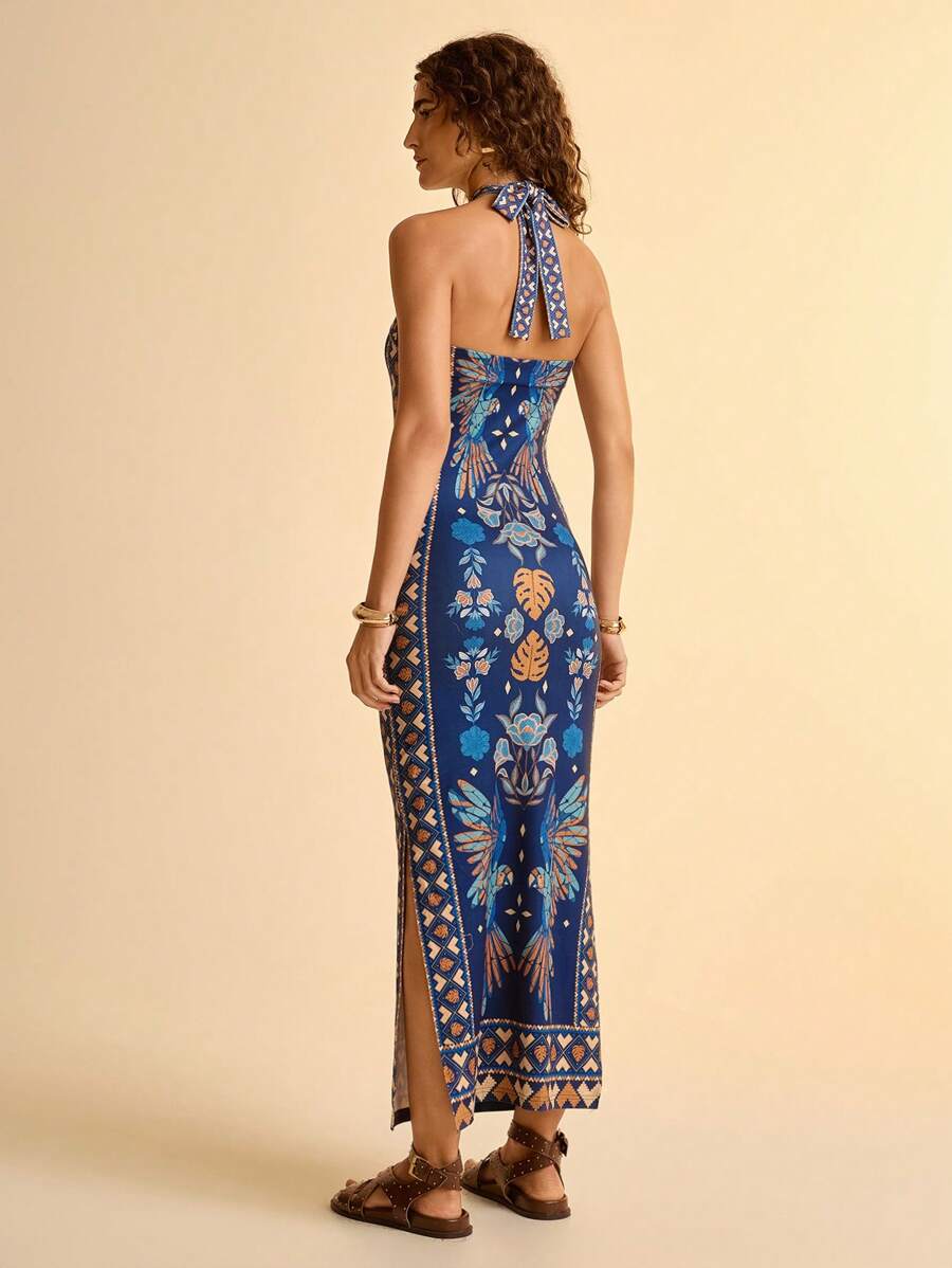 CAJUNI Vestido Casual de Férias Estilo Boho com Decote Transpassado e Estampa de Flores e Pássaros, para Mulheres