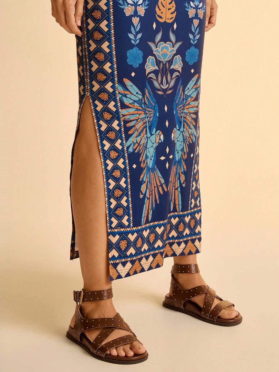 CAJUNI Vestido Casual de Férias Estilo Boho com Decote Transpassado e Estampa de Flores e Pássaros, para Mulheres