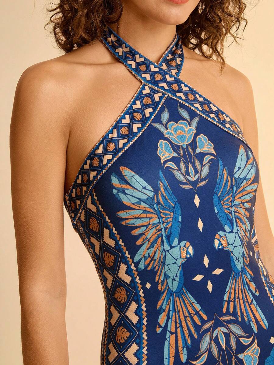 CAJUNI Vestido Casual de Férias Estilo Boho com Decote Transpassado e Estampa de Flores e Pássaros, para Mulheres