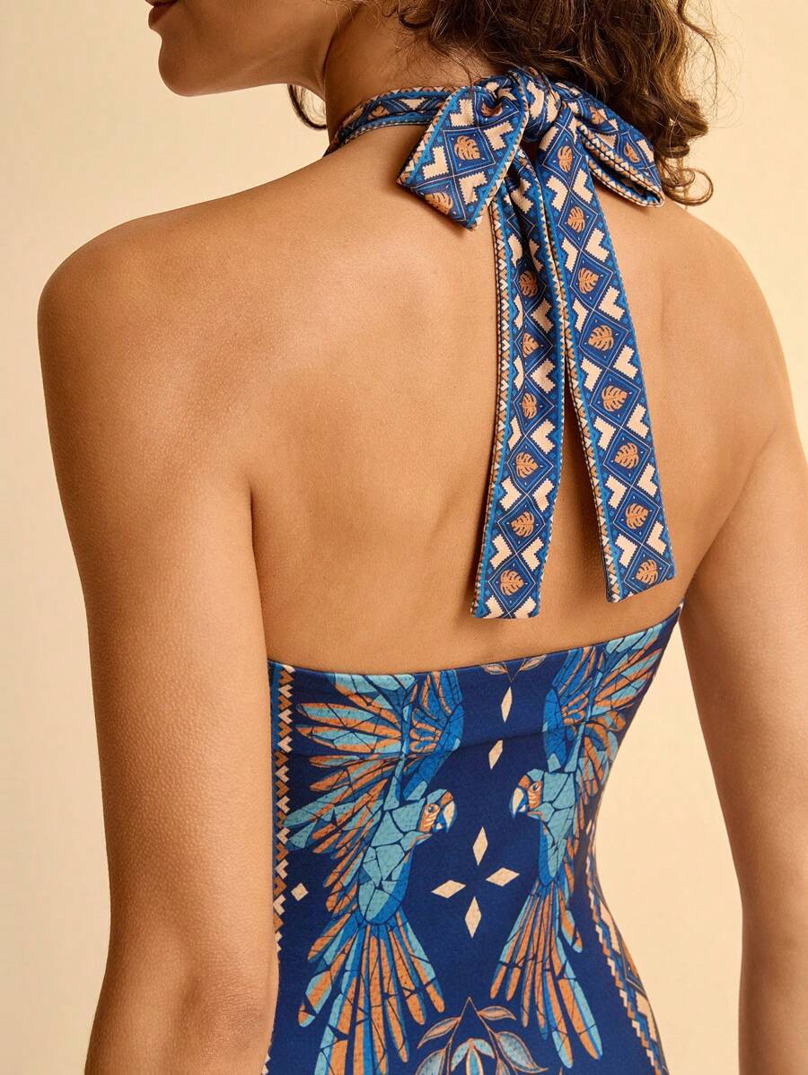 CAJUNI Vestido Casual de Férias Estilo Boho com Decote Transpassado e Estampa de Flores e Pássaros, para Mulheres