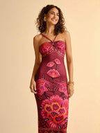 CAJUNI Vestido Curto Bodycon Estampado com Flores Tropicais Rosa, Sem Alças e Sem Costas, para Férias Casuais Femininas